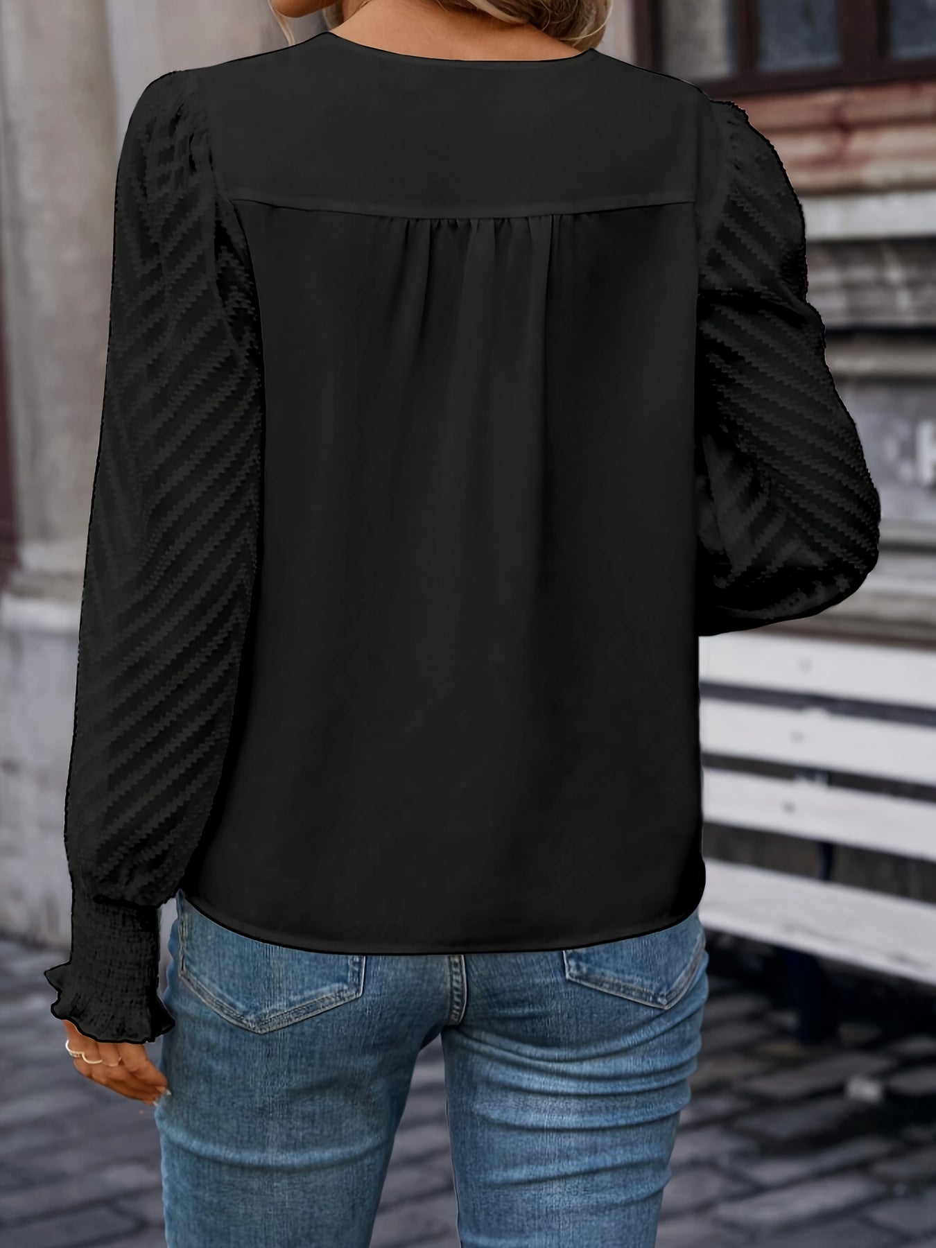 Solid Textured Mesh Splicing Blouse, Elegant V-neck Lantern Sleeve Blouse For Spring & Summer, Women's Clothing