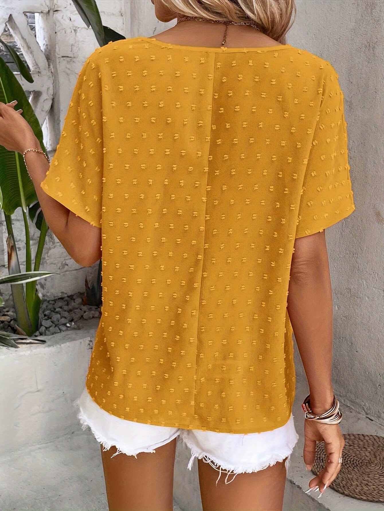 Swiss Dot V-neck Solid Blouse, Casual Batwing Sleeve Blouse For Spring & Summer, Women's Clothing