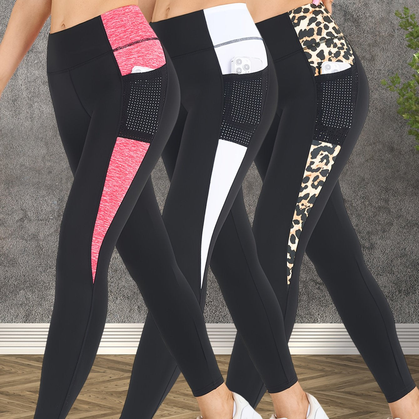 3-Pack Women's Yoga Pants Non-See-Through High-Waisted Workout Leggings - Sweat Absorbent Quick-Dry Yoga Pants with Side Pocket, Stretchy Gym Running Pilates Pants for Women (Black/Gray/Pink Accents - Affordable 3-Pack Deal),