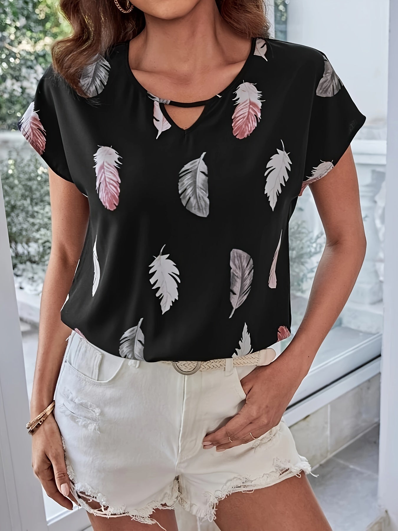Vintage Graphic Print Cut Out Blouse, Casual Batwing Sleeve Blouse For Spring & Summer, Women's Clothing