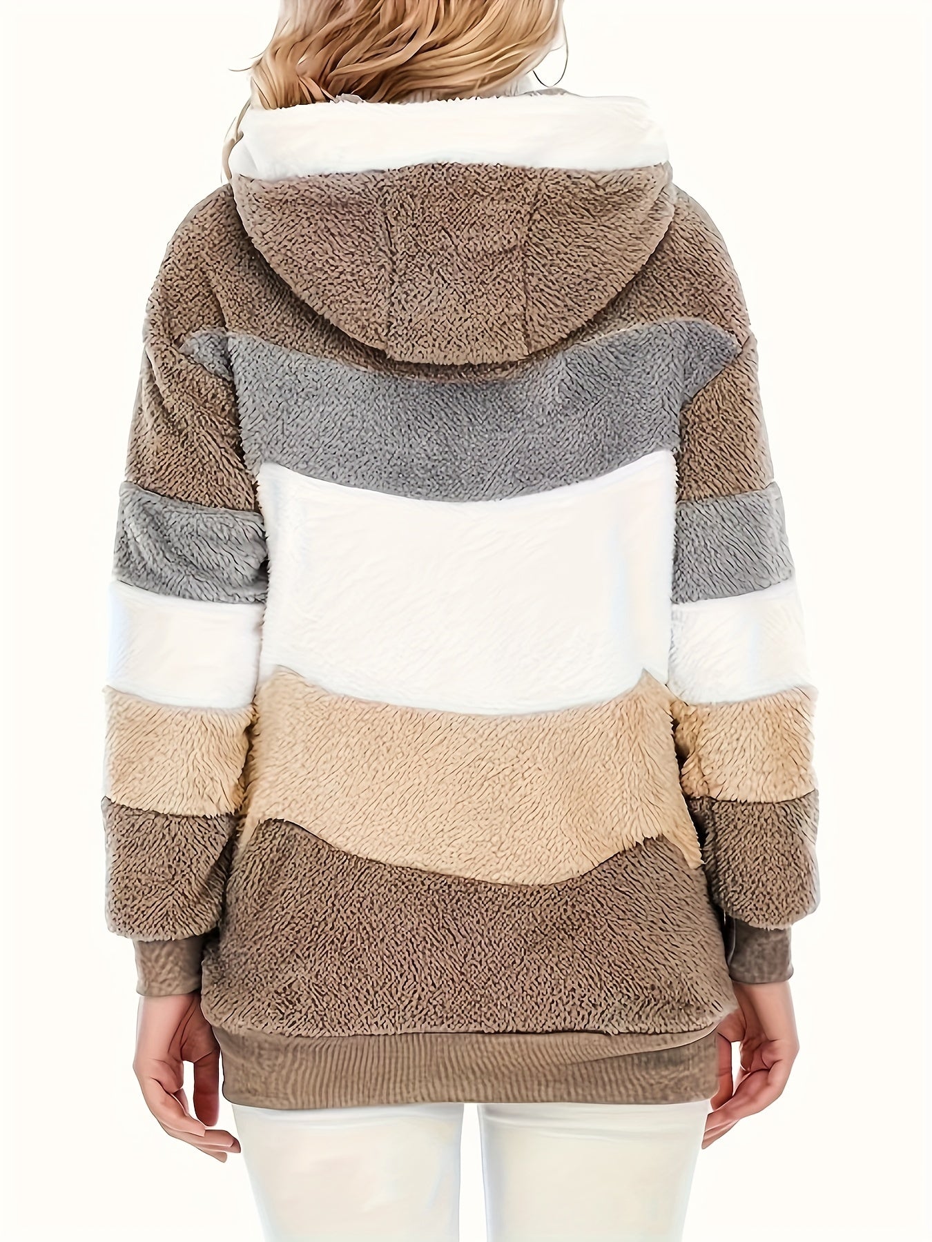 Women's Plush Faux Fur Hooded Jacket - Loose Fit Color Block Coat with Blue/Beige/White/Black Design, Long Sleeve Winter Warmth, Machine Washable for Casual & Formal Outfits, Ladies Winter Coats, Autumn Layering Piece, Formal