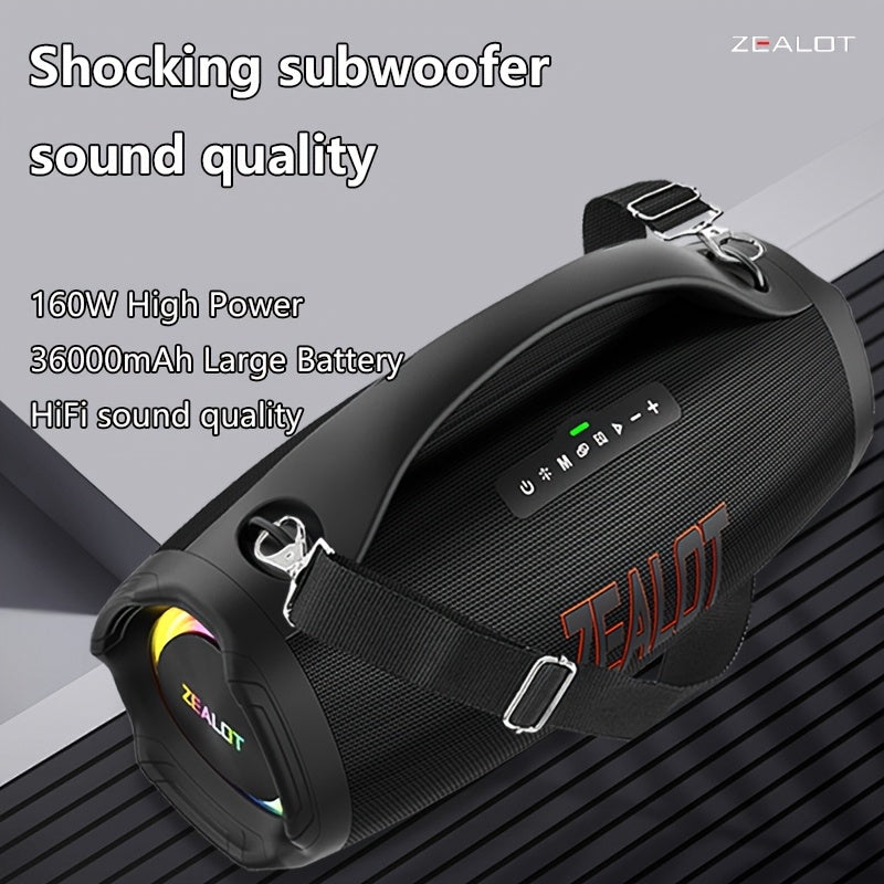 Zealot S98 Portable Wireless Speaker - 160W High-Power, 60H Playtime, IPX5, Fast Charging, Dual Pairing, Shocking Subwoofer, 36000mAh Battery, DSP Technology, Black with Red Accents