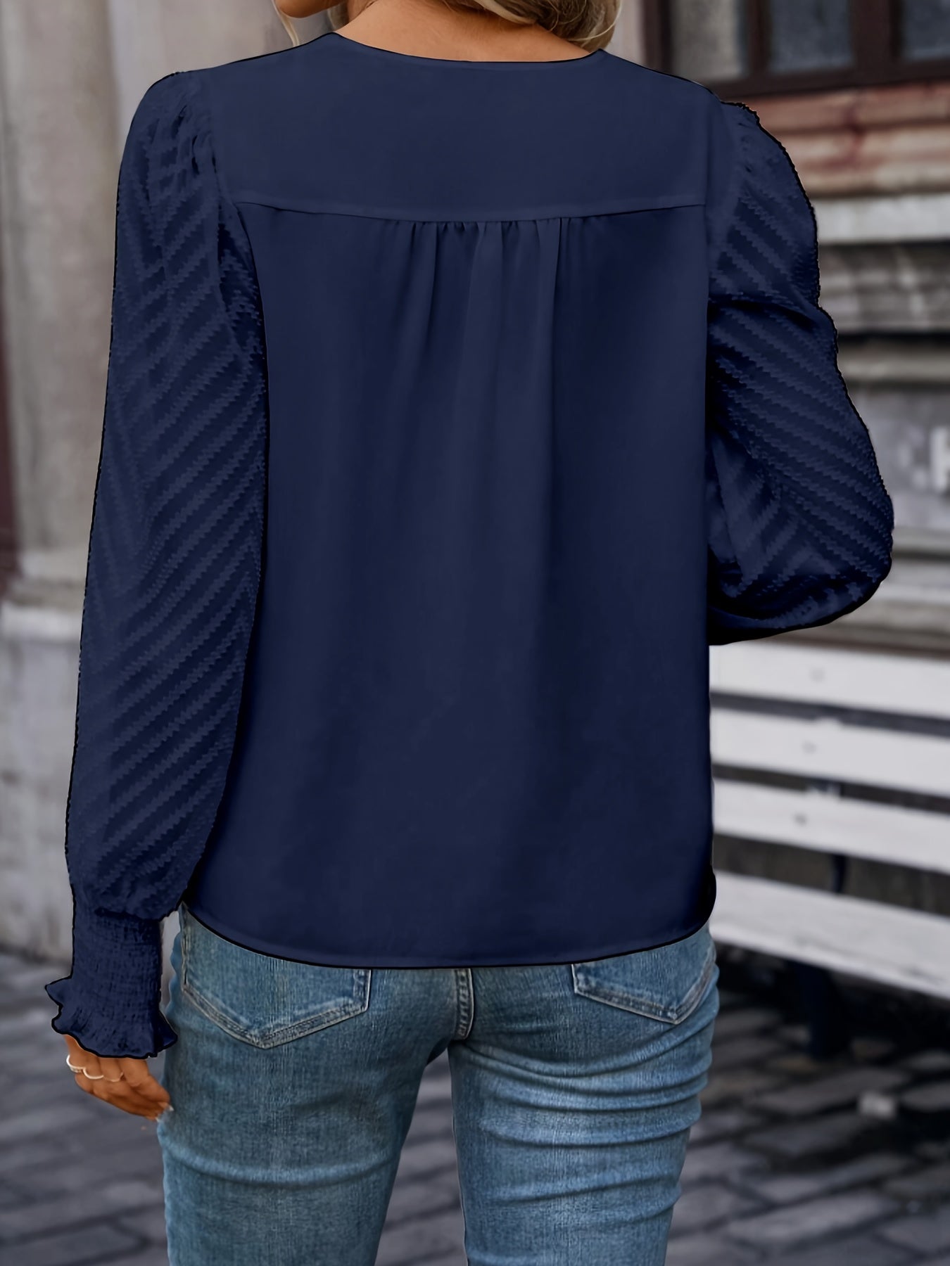 Solid Textured Mesh Splicing Blouse, Elegant V-neck Lantern Sleeve Blouse For Spring & Summer, Women's Clothing