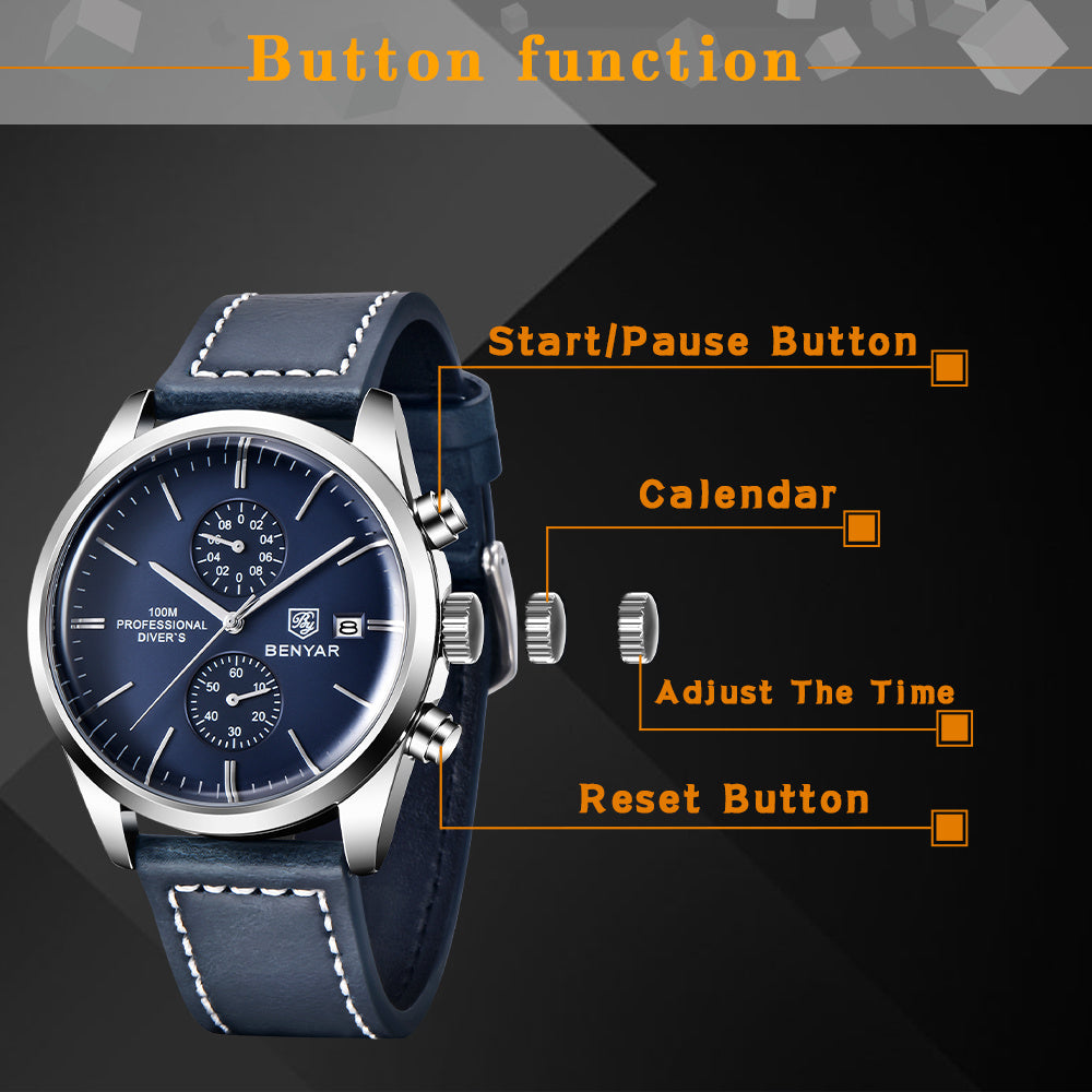 1pc New BENYAR Men's PU Leather Quartz Wristwatch, Men's 100M Multifunctional Watch Military Sports Chronograph Watch For Men