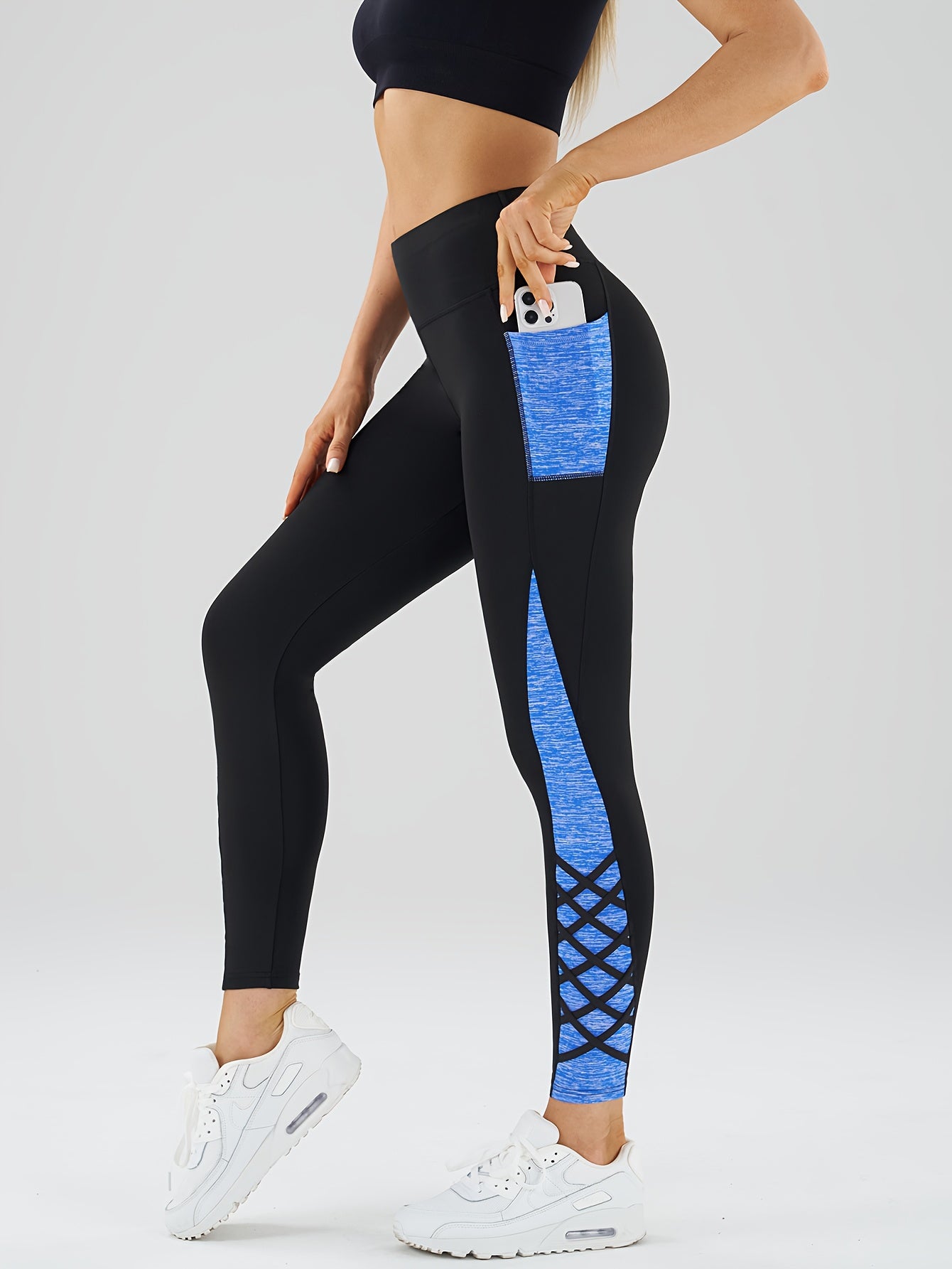Women's High-Waisted Yoga Pants - Non-See-Through Workout Leggings with Side Pocket, Stretchy Gym Running Pants for Pilates, Cycling, Everyday - Machine Washable Athletic Bottoms (Black/Blue)