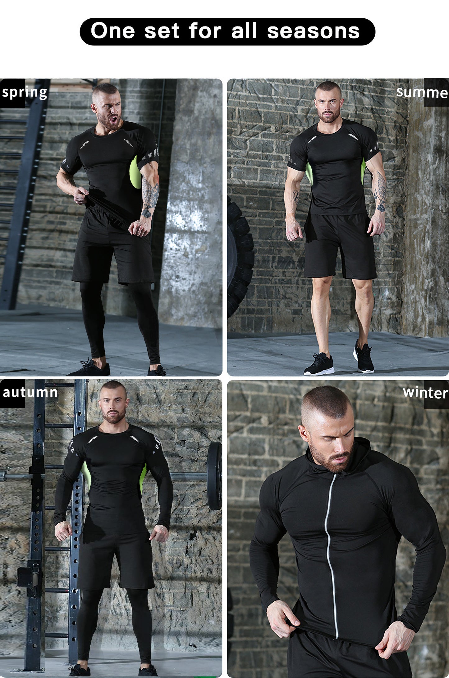 Xinso Prince 5pcs Men's Zip Up Hooded Jacket & Compression T-shirt & Long Sleeve Workout Top & Shorts & Leggings For Fitness