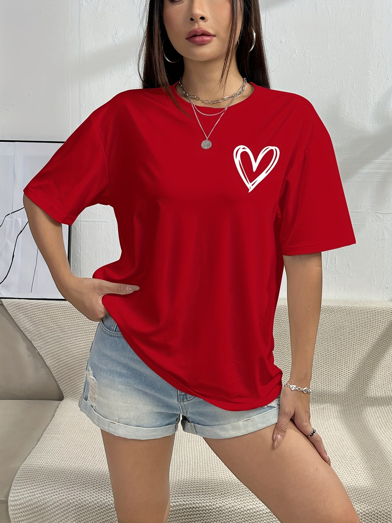 Heart Print T-shirt, Casual Short Sleeve Crew Neck Top For Spring & Summer, Women's Clothing