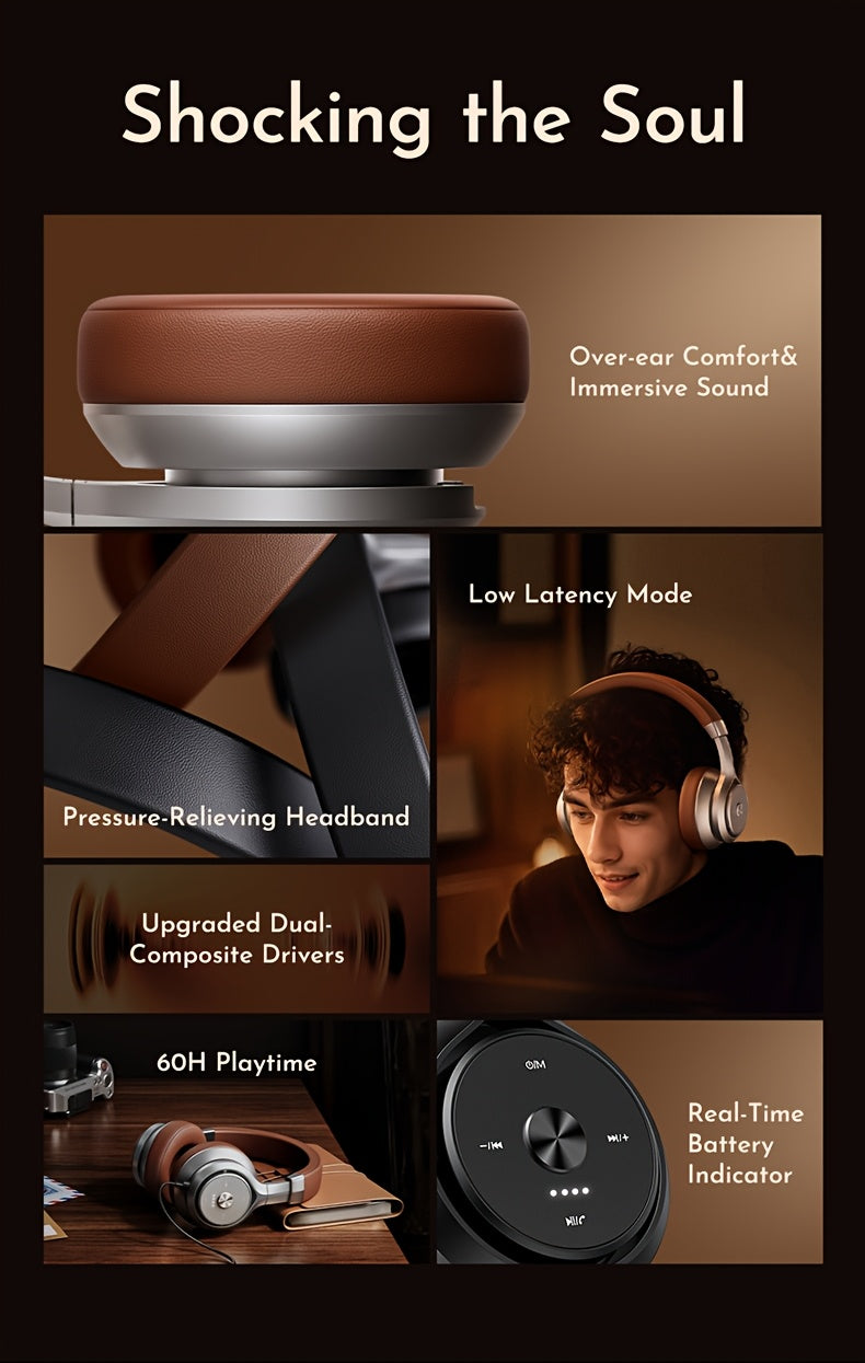 Picun Wireless Over-Ear Headphones, HiFi Stereo, Deep Bass, Foldable Design, 30-Hour Battery, Built-in Mic. Lightweight Brown Leatherette Finish, Perfect for Gaming, PC, and On-the-Go Use.