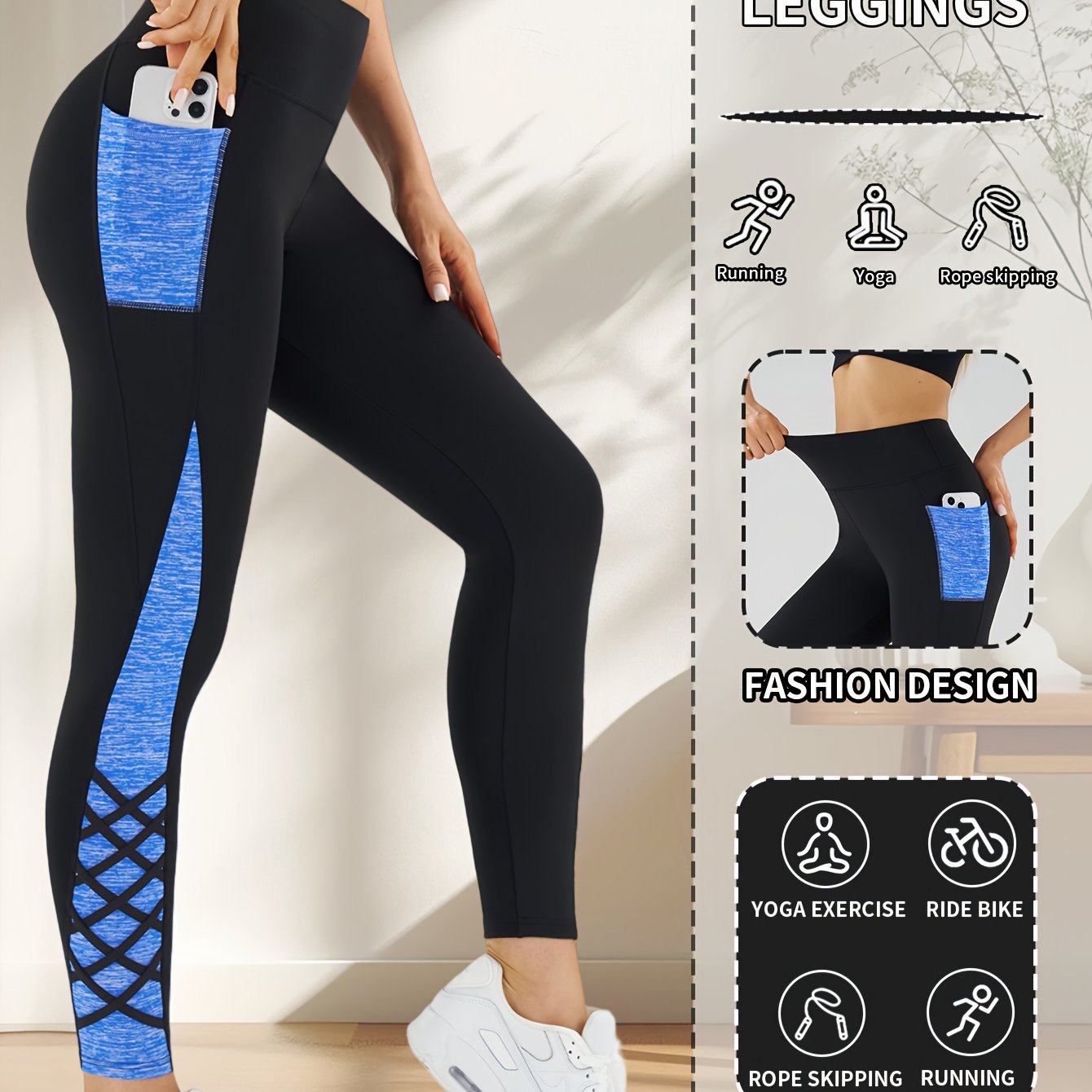 Women's High-Waisted Yoga Pants - Non-See-Through Workout Leggings with Side Pocket, Stretchy Gym Running Pants for Pilates, Cycling, Everyday - Machine Washable Athletic Bottoms (Black/Blue)
