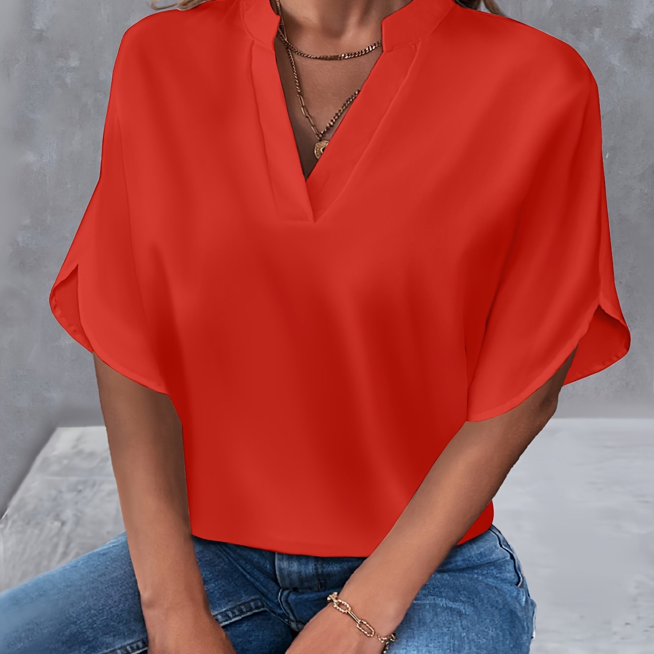 Solid Color Notch Neck Blouse, Casual Short Split Sleeve Blouse For Spring & Summer, Women's Clothing