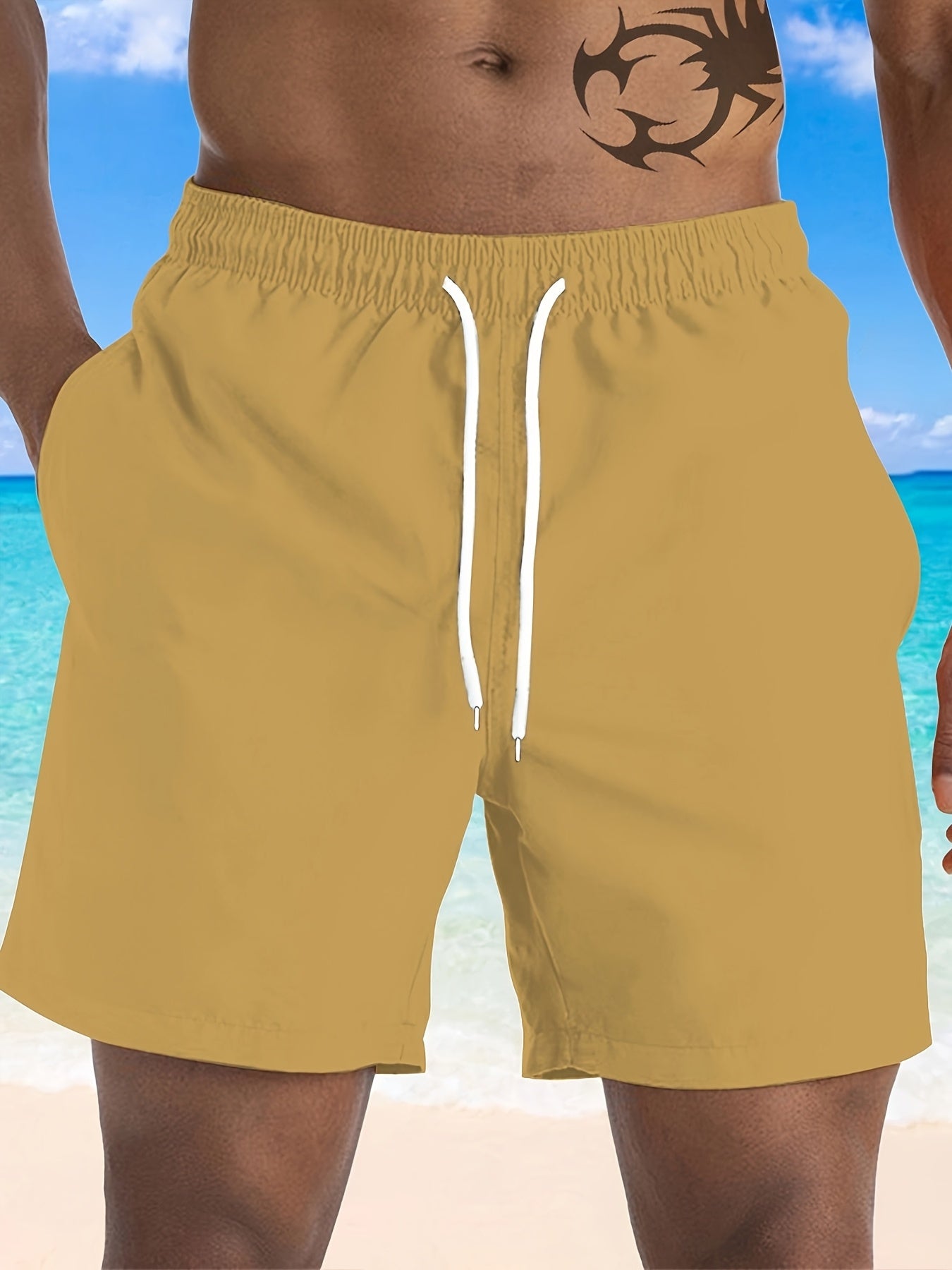 3pcs Men'S Plus Size Casual Shorts Set - White with Black Spider Web Print, Drawstring Waist, Non-Stretch Fabric, Perfect for Beach or Sports, Beach Shorts | Sporty Style | Woven Texture