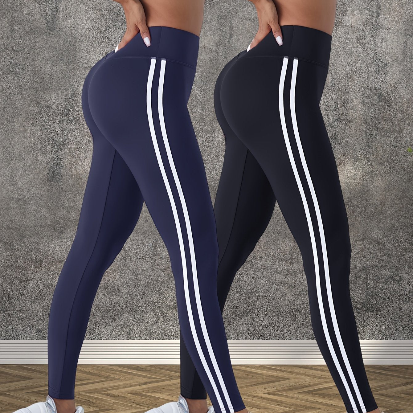 2pcs Women'S High-Waisted Yoga Pants - Side Stripe, Outdoor Sports Tights, Butt-Lifting Tummy Control Leggings, Comfortable Breathable Wide Waistband