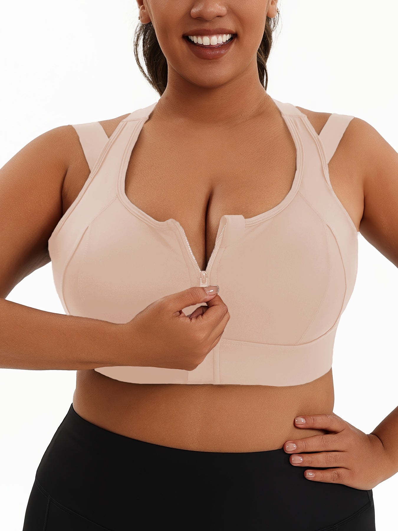 Women's Plus Size Sports Bra, Front Zip Closure, High Support Fitness Active Wear, Breathable Comfortable Lingerie, For Basketball Yoga Sports, Simple Look