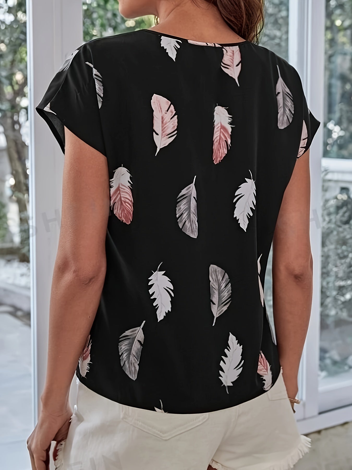 Vintage Graphic Print Cut Out Blouse, Casual Batwing Sleeve Blouse For Spring & Summer, Women's Clothing