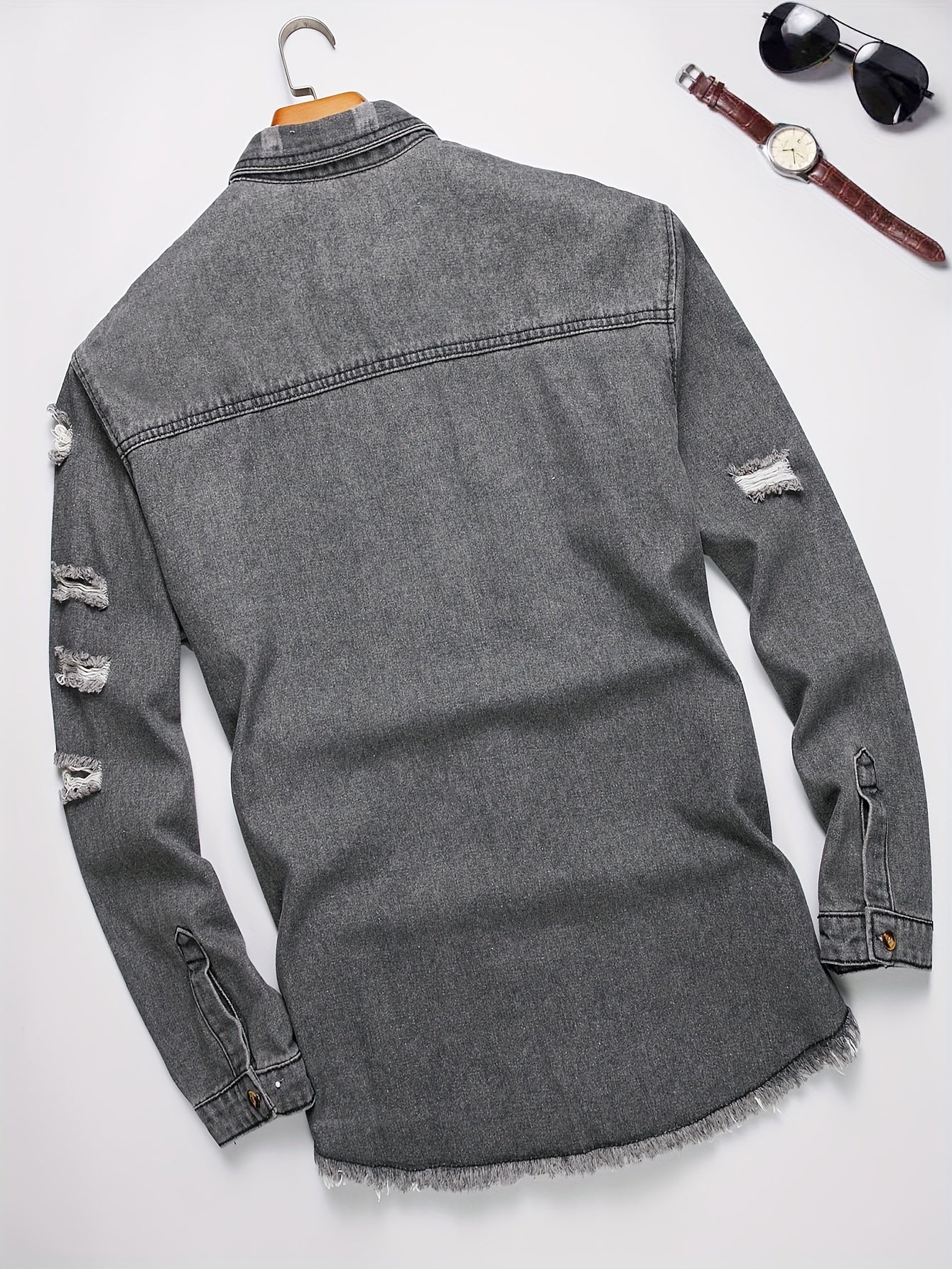Men's Trendy Ripped Design Casual Button Up Long Sleeve Denim Shirt, Men's Clothes For Spring Summer Autumn, Tops For Men