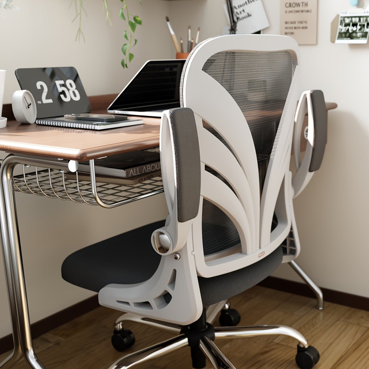 Ergonomic Office Chair with Foldable Space-Saving Design, Breathable Mesh Back & Adjustable Lumbar Support, Flip-Up Armrests, Height-Adjustable - Heavy-Duty Plastic Frame, Foam Padding, White/Black Color Options - Ideal for H