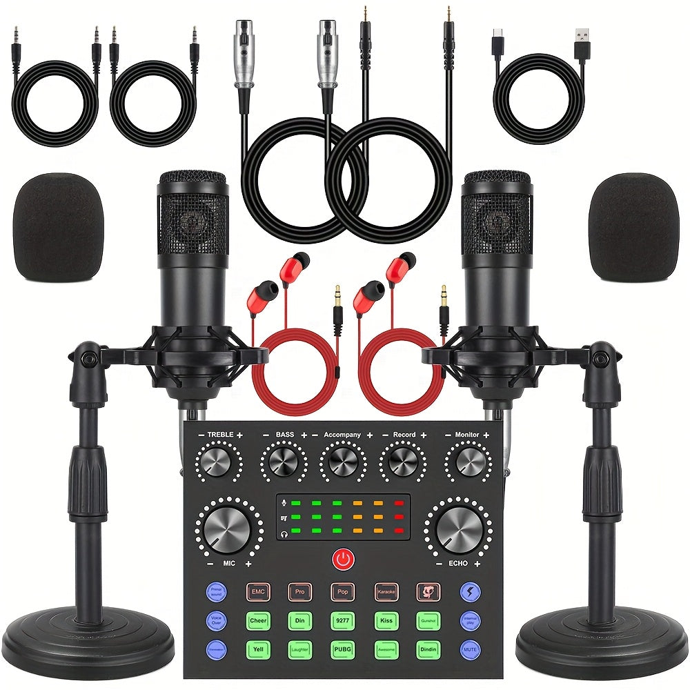 Podcast equipment package, V8s audio interface, two microphones, desktop version, wired microphone, with integrated live sound card and BM800 condenser microphone, podcast microphone, very suitable for recording, broadcasting