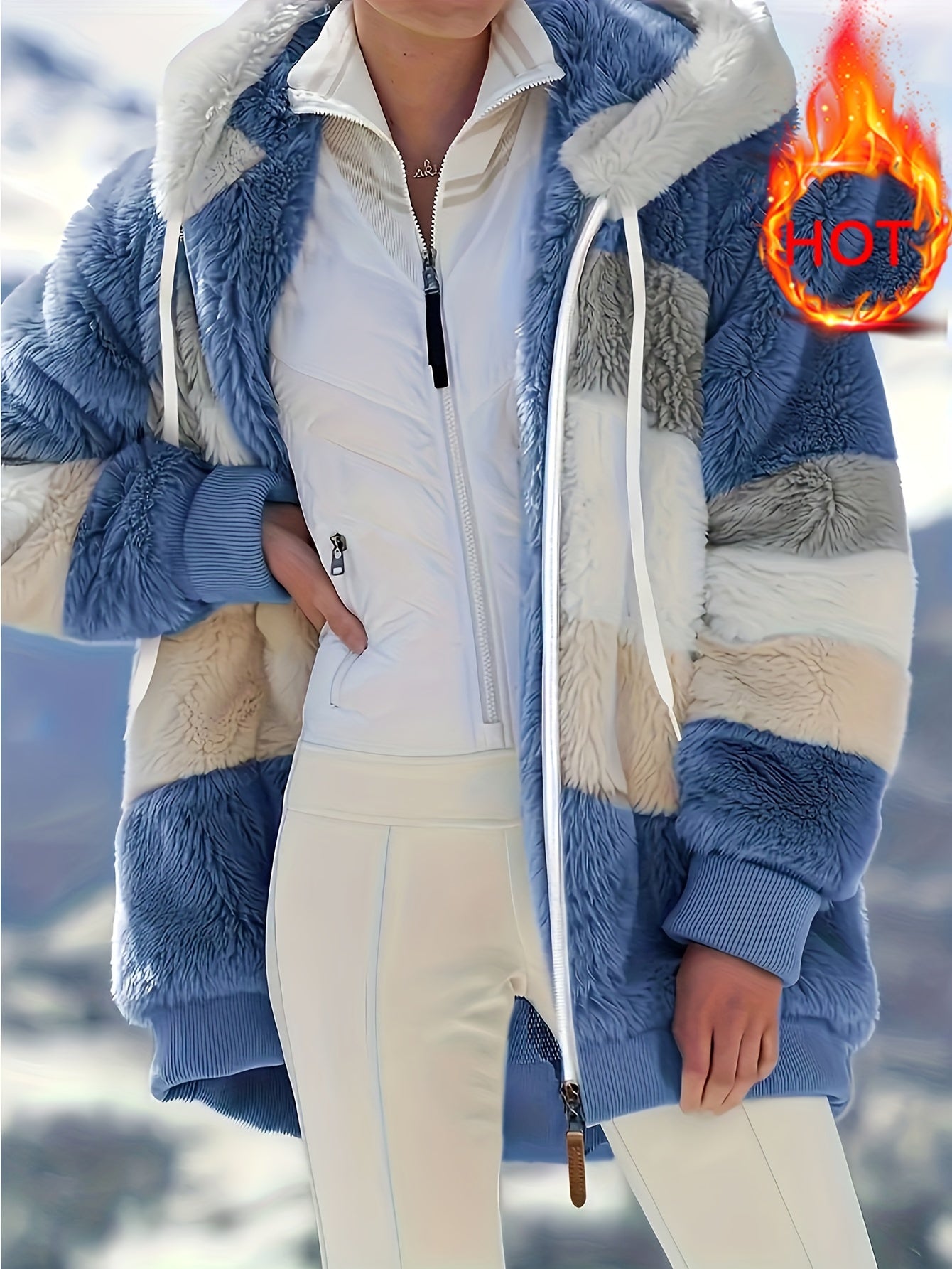 Women's Plush Faux Fur Hooded Jacket - Loose Fit Color Block Coat with Blue/Beige/White/Black Design, Long Sleeve Winter Warmth, Machine Washable for Casual & Formal Outfits, Ladies Winter Coats, Autumn Layering Piece, Formal