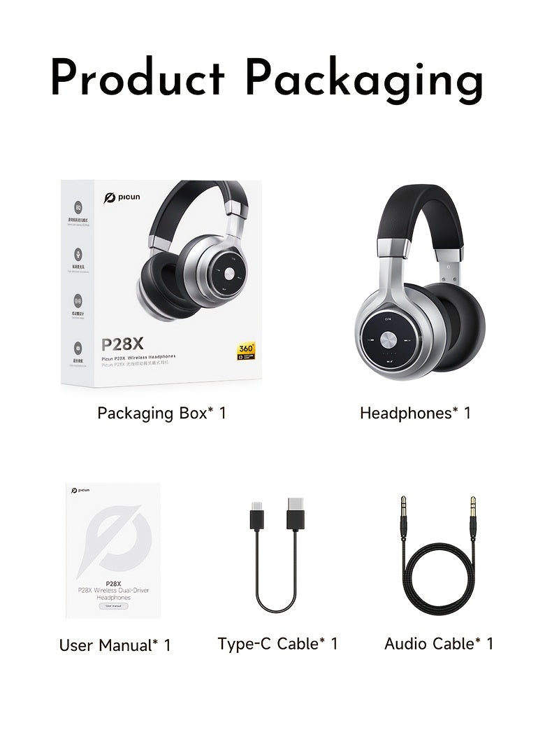 Picun Over-Ear Wireless Headphones, Wireless 5.3 with Low Latency Mode, Dual Composite Drivers for Hi-Fi Sound, 60H Playtime & Real-Time Battery Display, Wired/Wireless Dual Mode, Adjustable Head