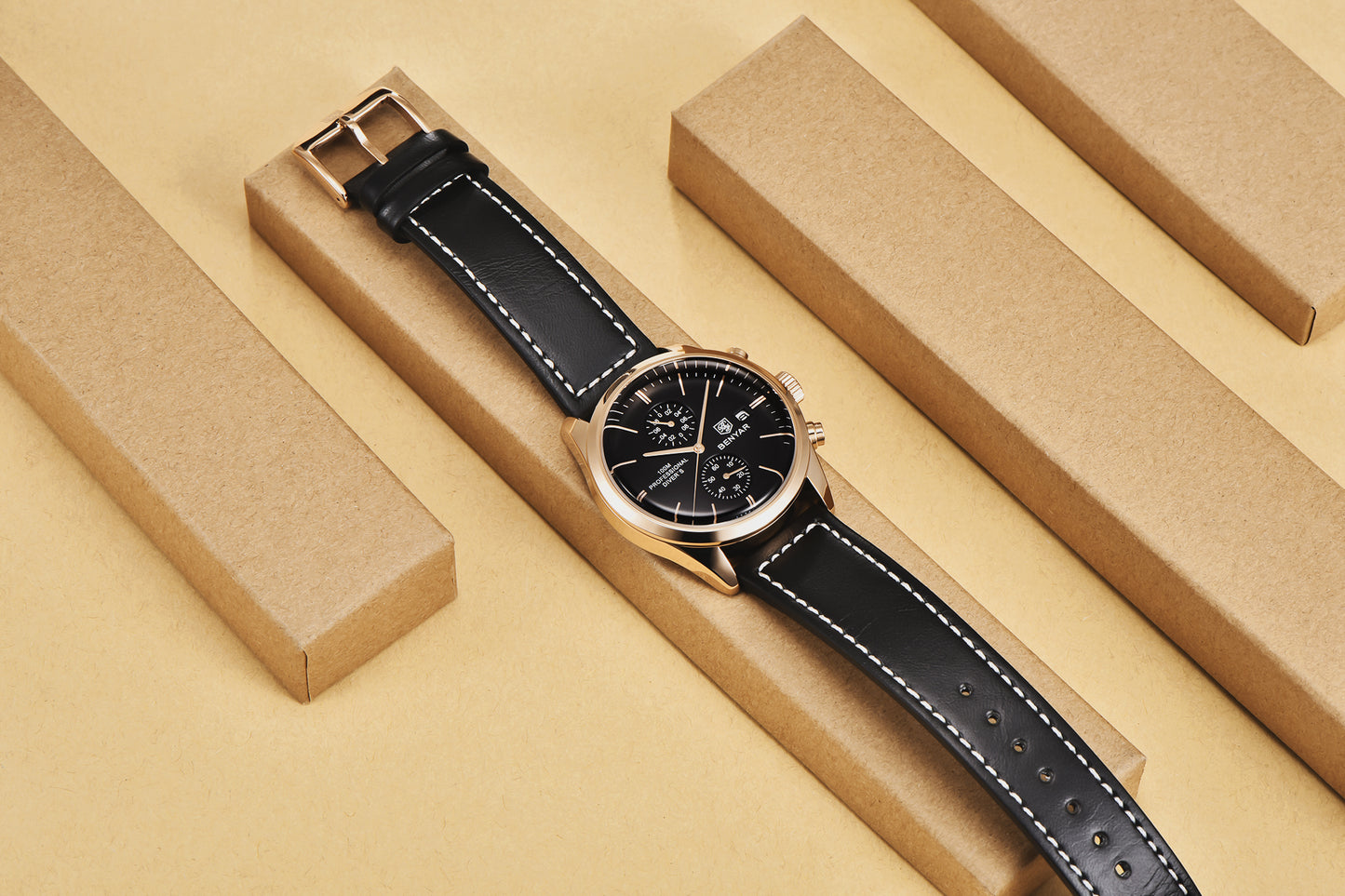 1pc New BENYAR Men's PU Leather Quartz Wristwatch, Men's 100M Multifunctional Watch Military Sports Chronograph Watch For Men