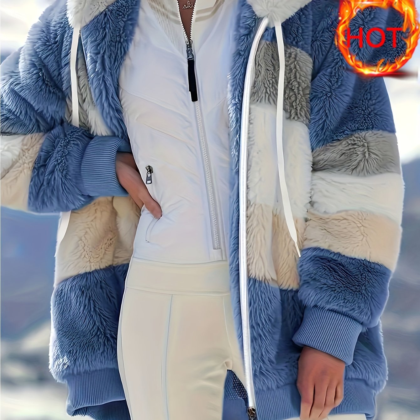 Women's Plush Faux Fur Hooded Jacket - Loose Fit Color Block Coat with Blue/Beige/White/Black Design, Long Sleeve Winter Warmth, Machine Washable for Casual & Formal Outfits, Ladies Winter Coats, Autumn Layering Piece, Formal