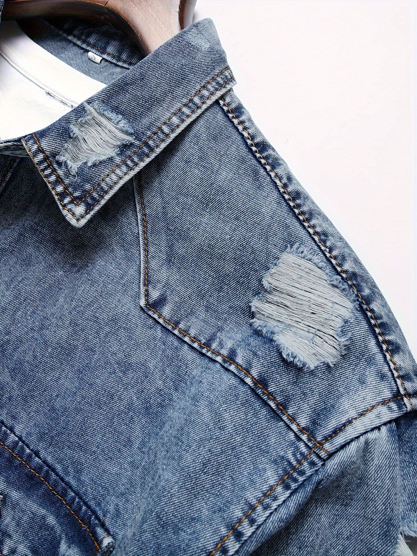 Men's Trendy Ripped Design Casual Button Up Long Sleeve Denim Shirt, Men's Clothes For Spring Summer Autumn, Tops For Men