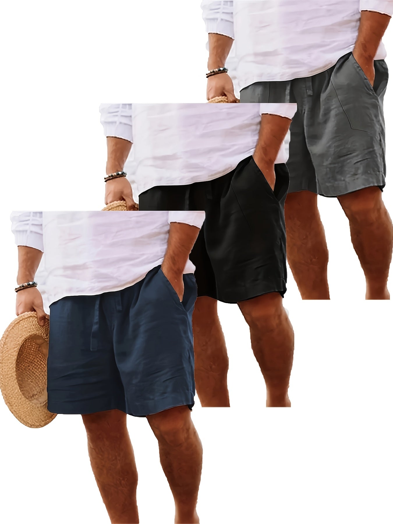 Men's Summer Shorts, Drawstring Elastic Waist, Straight Leg Solid Color Breathable Casual Beach Capri Pants - Three-Pack