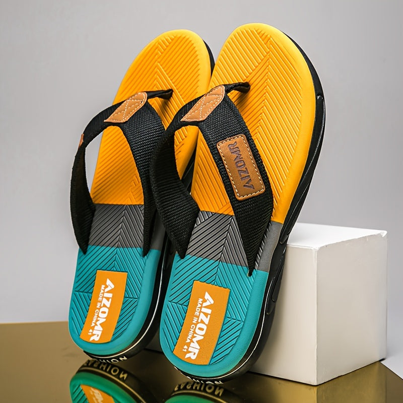 Men's Non-Slip EVA Slip-Resistant Flip-Flops - Heavy-Duty Ergonomic Arch & -Odor Technology, Green/Golden/Grey/Grip Tread Beach Sandals with Ergonomic Arch, Lightweight & Durable for Swimming, Walking, Pool - Multi-Color Opti
