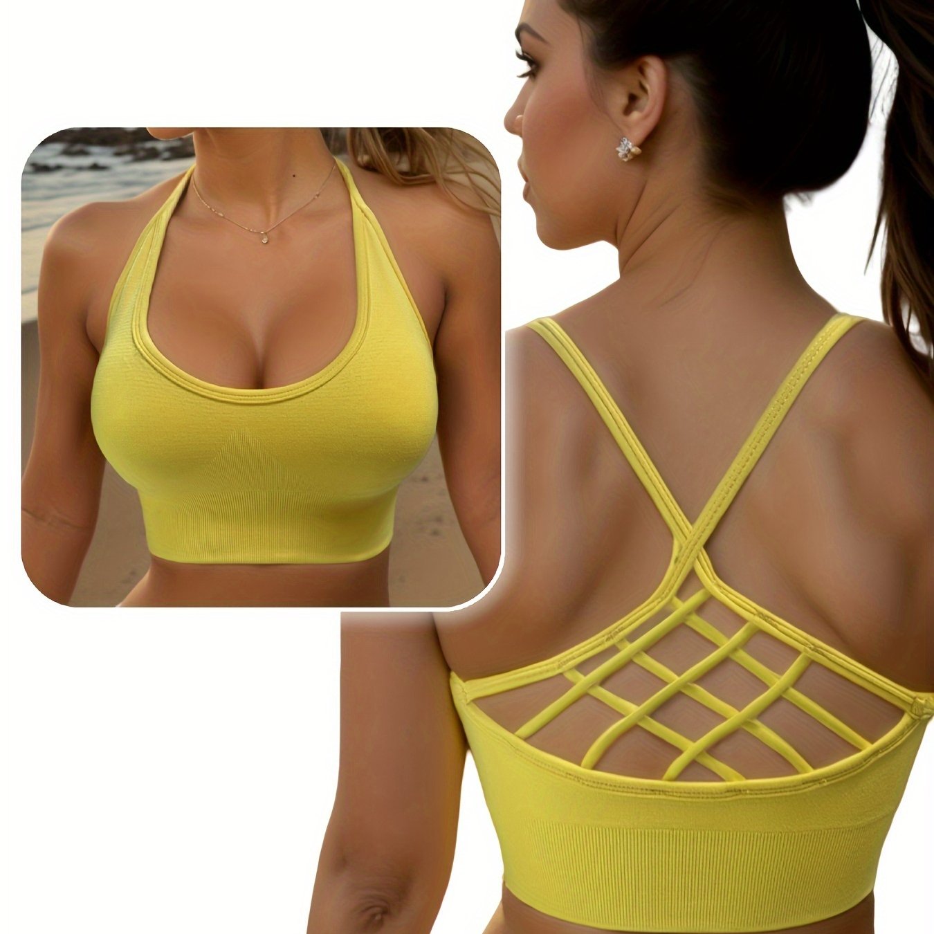 Women's Seamless Yoga Cross Back Sports Bra, Solid Color, Hollow Design, Casual Sports Style