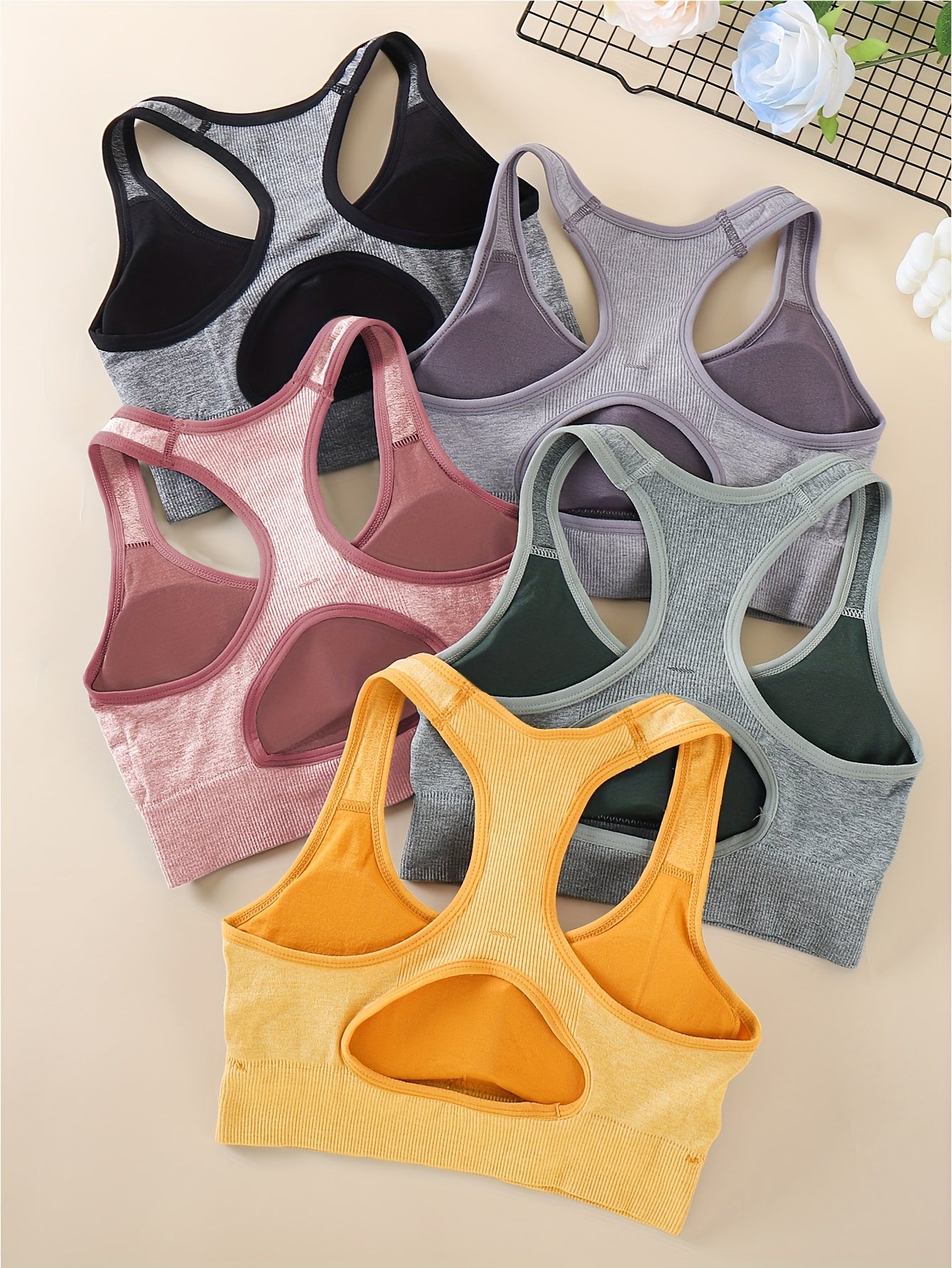 5pcs Women's High-Support Sports Bras - Removable Padding & Back Panel, Full-Coverage Tummy Control, Breathable Yoga Gym Bras with Multi-Color Options (Black/Dark Grey/Navy/Beige/Pink) - Moderate Lift for Heavy Breasts, Hand