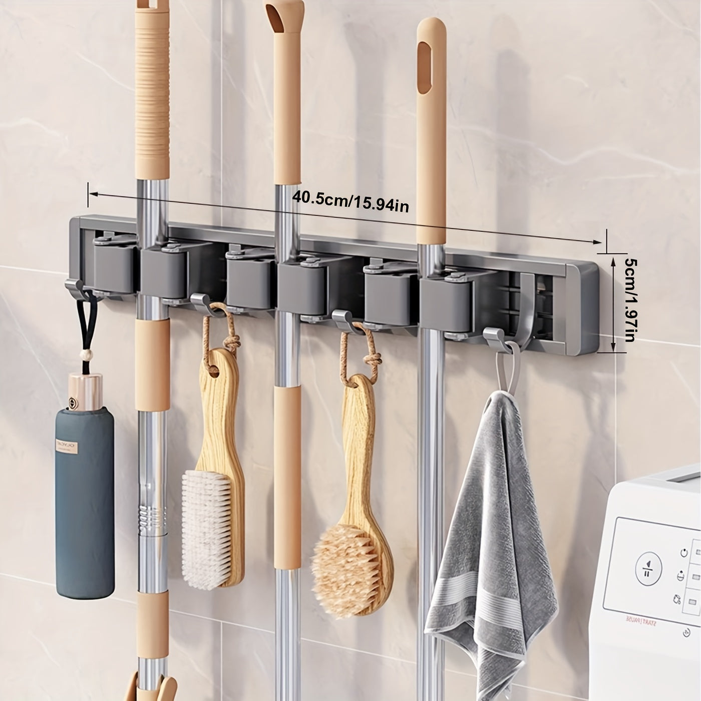 Bathroom Storage Rack Metal Mop & Broom Holder with Adjustable Hooks, Wall-Mounted Storage Organizer for Home, Kitchen, Garden, Laundry, Garage - Lacquered, Space-Saving Shelf for Mops, Brooms, Tools, Shelves