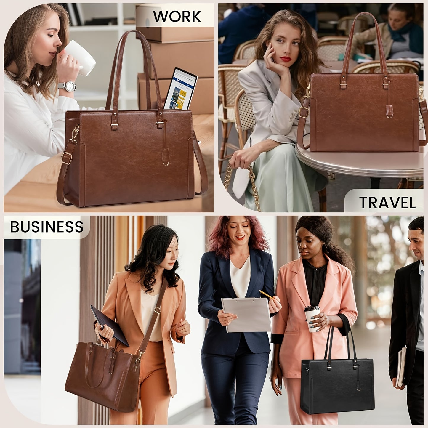 Vintage Brown Laptop Tote Bag for Women - 39.62 cm High Quality Business Office Shoulder Handbag with Multiple Compartments, Adjustable Strap & Golden-Tone Hardware, Textured Finish, Laptop Bag