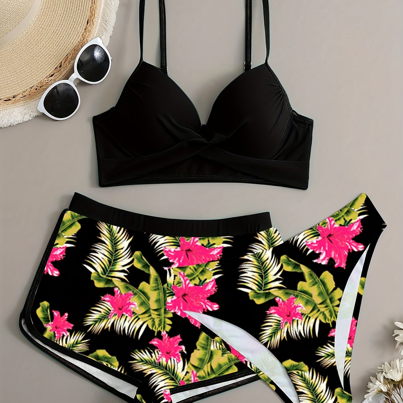 Floral Leaf Print Stretchy 3 Piece Set Swimsuits, Cross Spaghetti Strap Push Up Bikini & Boxer Shorts, Women's Swimwear & Clothing