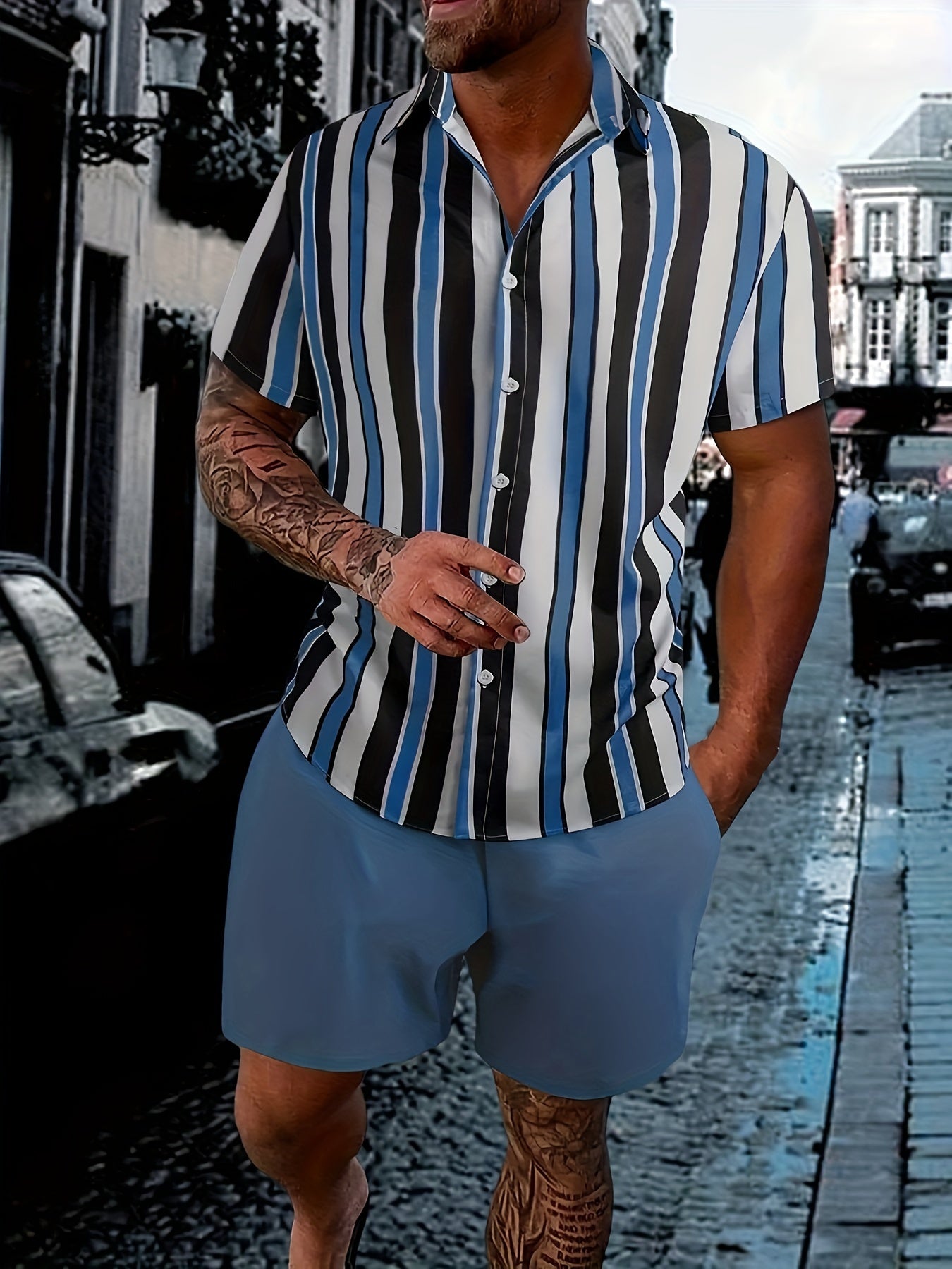 2pcs Men's Stripe Pattern Color Block Short Sleeve Button Shirt & Loose Shorts, Men's Casual Outfit For Summer Vacation