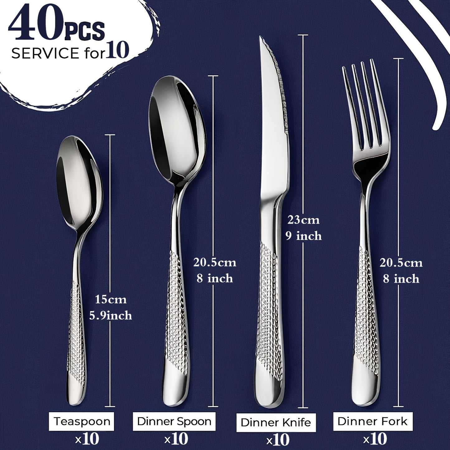 20/40pcs silverware cutlery set, hammer textured handle, durable cutlery including spoons, forks, knives, mirror polished high-quality stainless steel, dishwasher safe, suitable for home kitchens, restaurants, hotels, parties