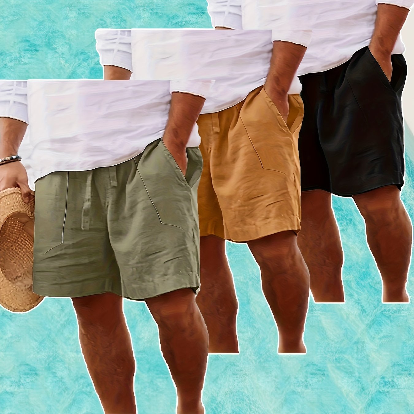 Men's Summer Shorts, Drawstring Elastic Waist, Straight Leg Solid Color Breathable Casual Beach Capri Pants - Three-Pack