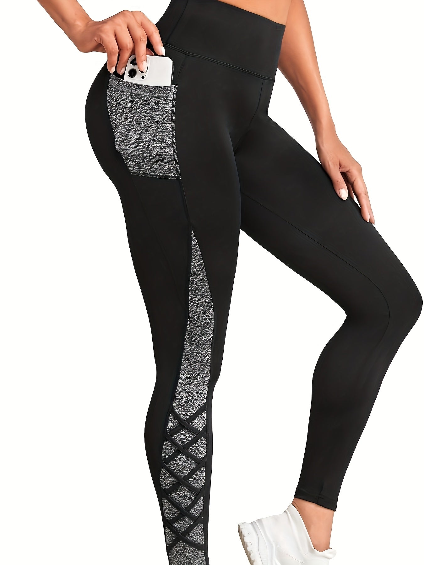 Women'S Plus Size High-Waisted Yoga Leggings with Pockets - Stretchy, Non-Sheer, Color-Block Design, Effect, All-Season Activewear, Casual Wear|Sporty Look|Stretchy Fabric