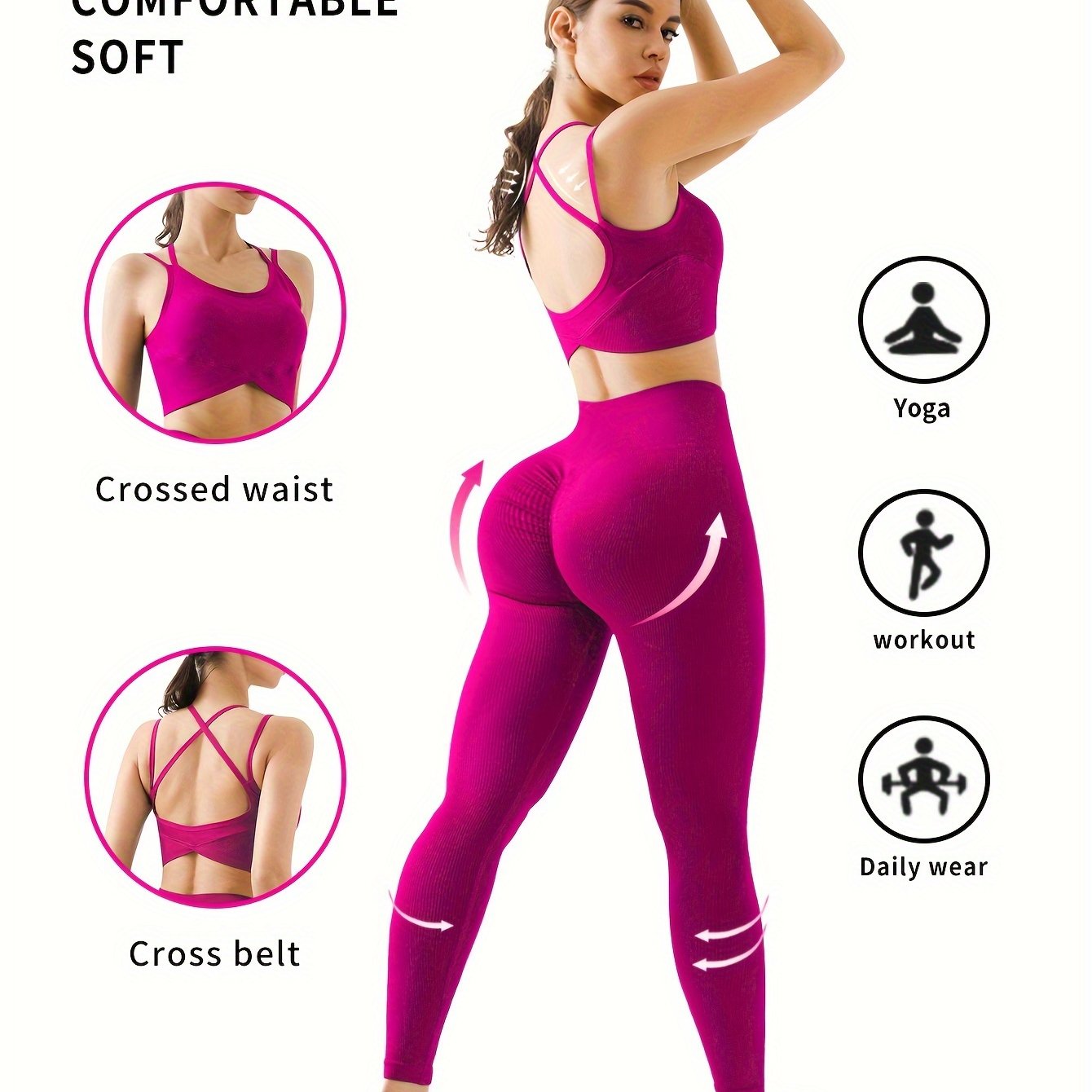 2pcs Solid Color Workout Sets, Backless Sports Bra & Wide Waistband Hip Lift Running Leggings, Women's Activewear