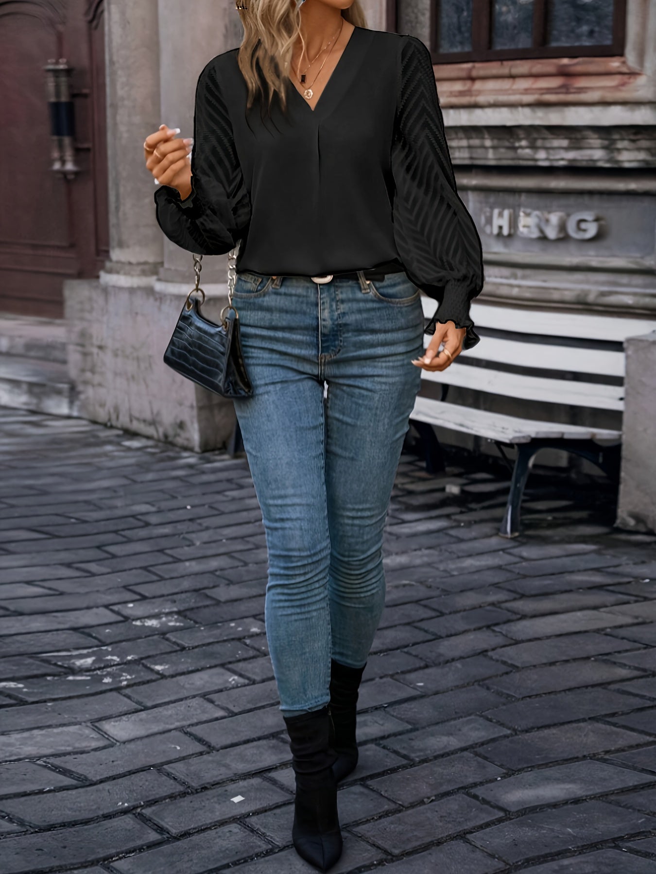 Solid Textured Mesh Splicing Blouse, Elegant V-neck Lantern Sleeve Blouse For Spring & Summer, Women's Clothing