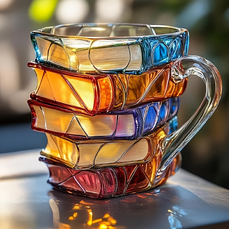 1pc Hand-Painted Book Stack Design Coffee Mug - 7/12oz Stackable Glass Cup with Vibrant Blue, Orange, Red & Yellow Stained Glass Art, Reusable Novelty Gift for Book Lovers, Librarians, Women'S Book Clubs & Literature Enthusia