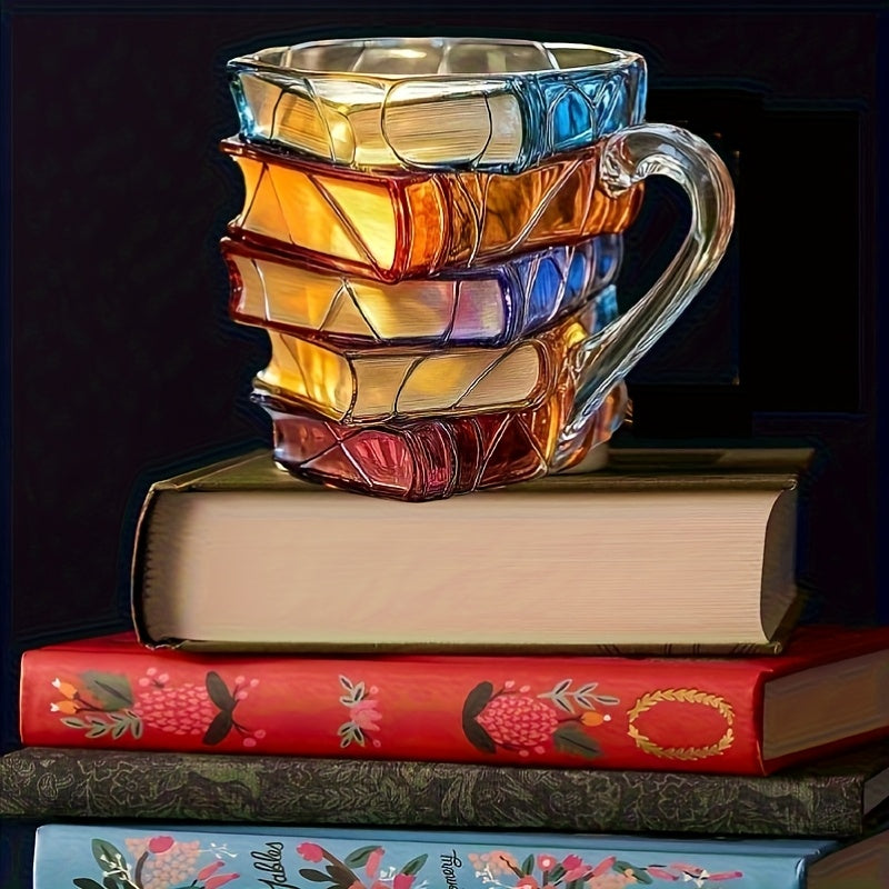 1pc Hand-Painted Book Stack Design Coffee Mug - 7/12oz Stackable Glass Cup with Vibrant Blue, Orange, Red & Yellow Stained Glass Art, Reusable Novelty Gift for Book Lovers, Librarians, Women'S Book Clubs & Literature Enthusia