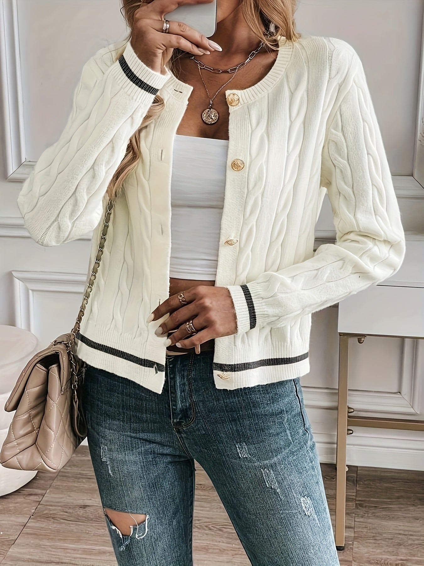 Women's Elegant Solid Color Long Sleeve Cardigan - Open Front Button Placket, Machine Washable Non-Stretch Sweater for Spring Summer Fall, Casual to Semi-Formal Wear, Ladies Sweaters, Seasonal Layering Piece, Buttoned Knitwea