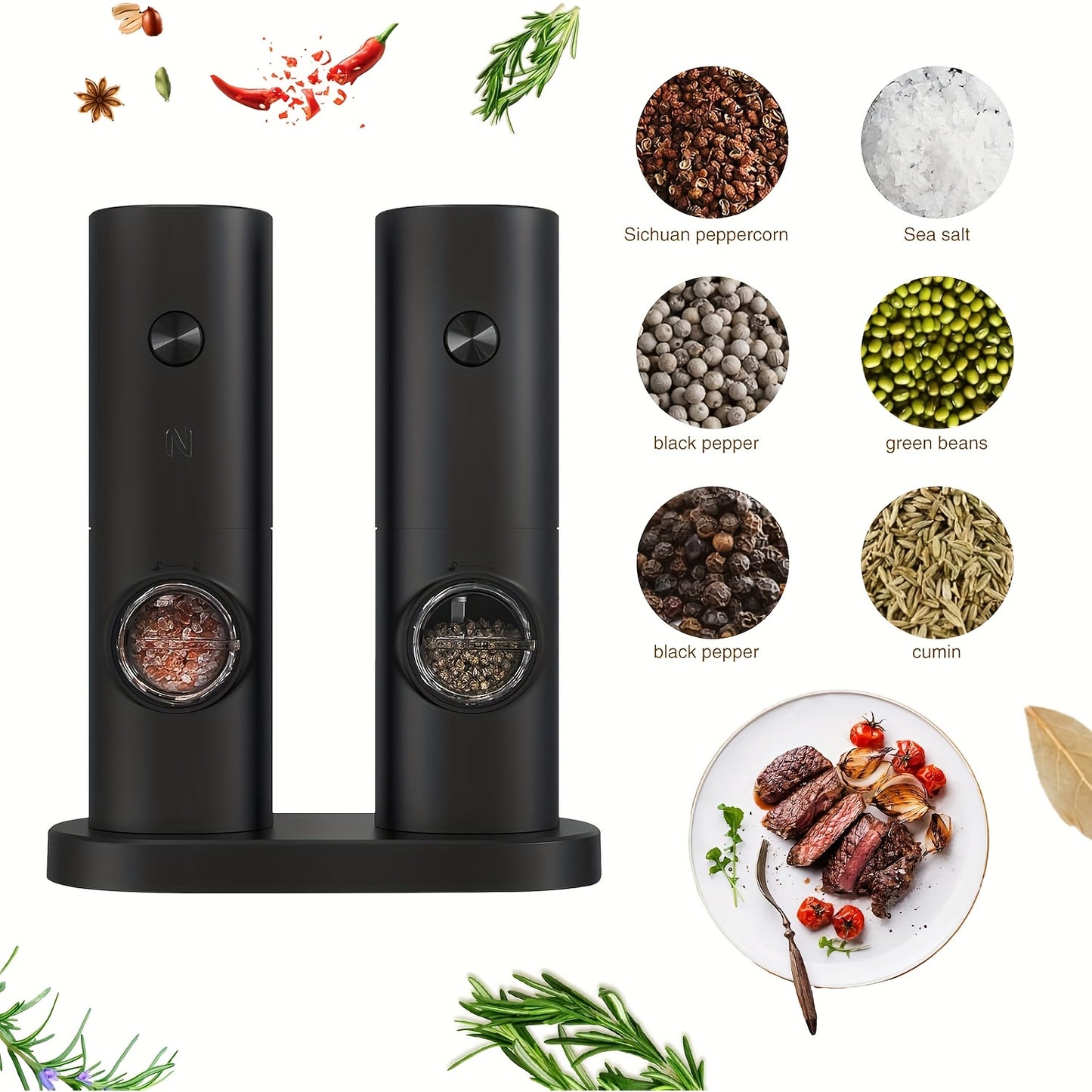 Single or Double Pack Options, Includes Base for Two-Pack - Electric Salt and Pepper Grinder with One Hand Operation, Battery Powered, Adjustable Coarseness, LED Light & Stand, Suitable for Kitchens, Food Seasoning Device, Di