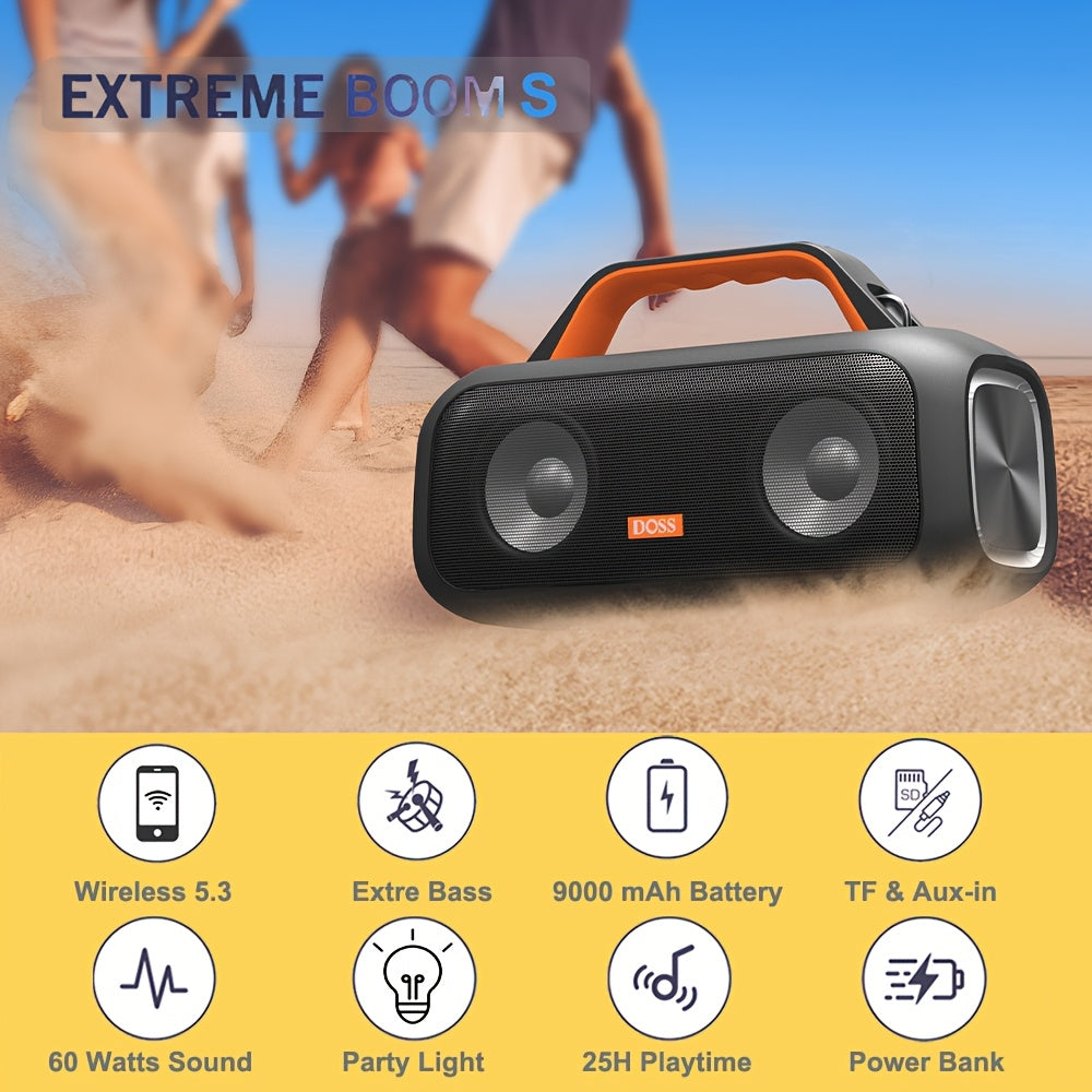 DOSS Extreme Boom S Portable Speaker, Wireless 5.3 with 60W Stereo Sound, Rich Bass, IPX6, 25H Playback Time, TWS, LED Lights, Suitable for Camping, Beach, Pool Outdoor Speakers - 507S
