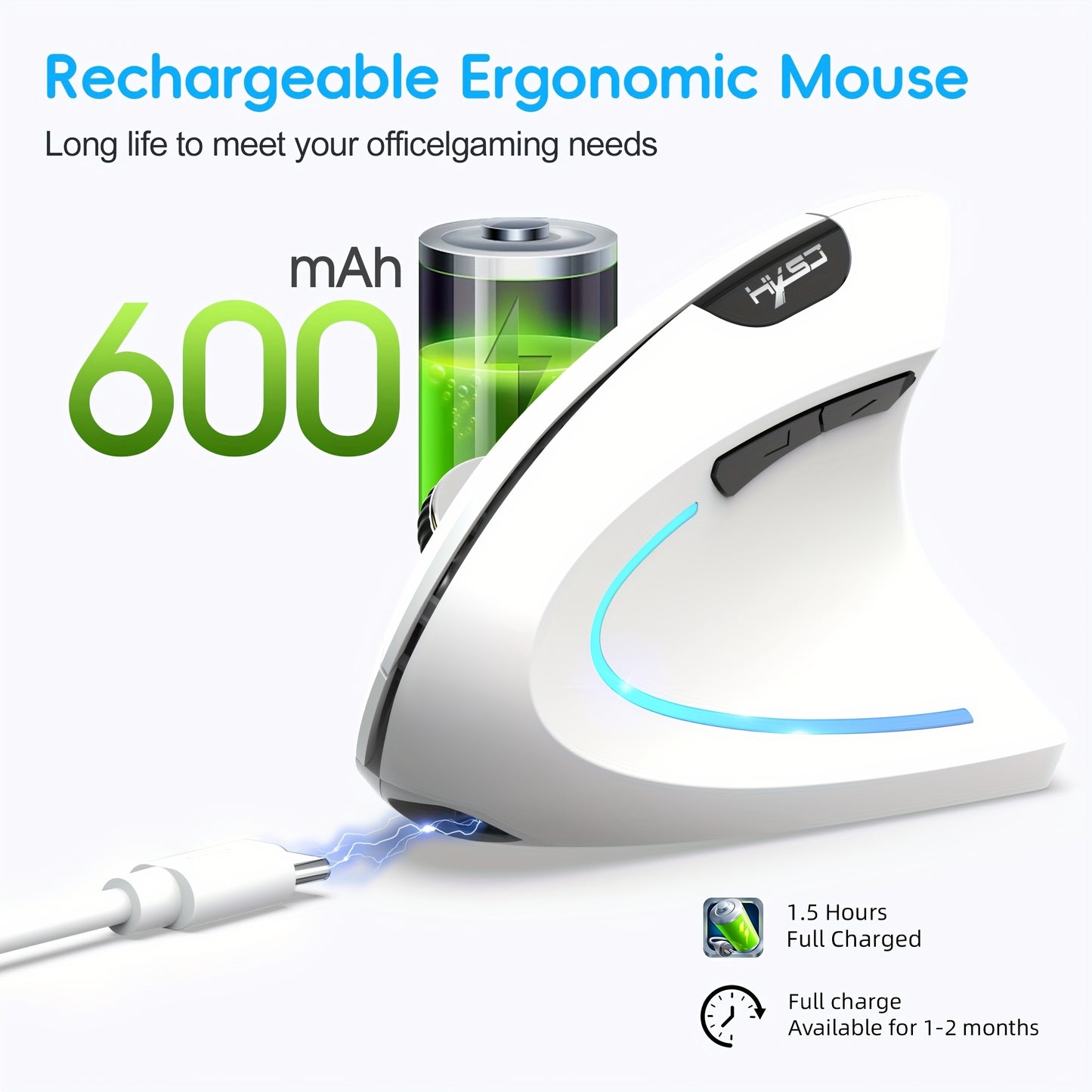 HXSJ Dual-Mode Wireless Vertical Mouse, Large Battery, Suitable for PC Laptops and Desktops! Ideal for Office and Travel, USB Charging, Optical Movement Detection, Right-Handed, Plastic Material, Windows 7 Compatible, No Char