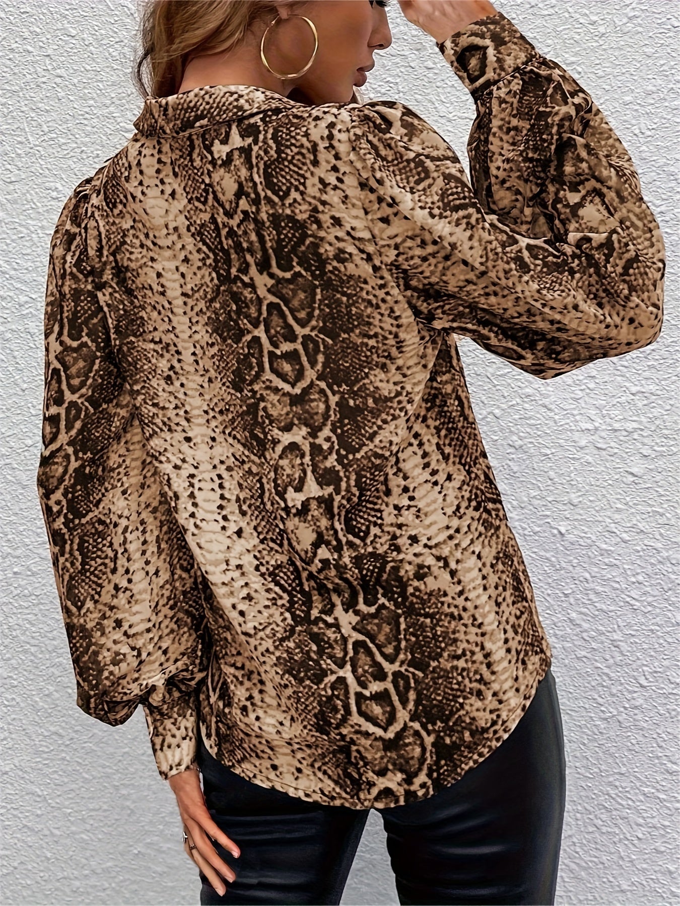 Snake Skin Print Button Front Shirt, Elegant Long Lantern Sleeve Blouse For Spring & Fall, Women's Clothing