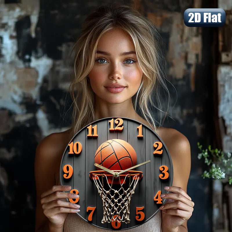A Basketball-Themed Wall Clock Featuring a Net Design, with a Black Background And Orange Numbers. It Measures 24.89 cm And Is Powered by AA Batteries (Not Included), Making It a Great Decorative Piece for Home, Office, Or Gy