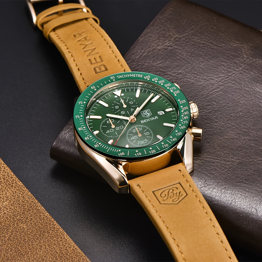 BY BENYAR Men'S Quartz Chronograph Watch - Luminous, Stainless Steel, Blue Dial with Date & Stopwatch, Faux Leather Strap, Elegant Business & Casual Style, Perfect Gift for Men, Professional Chronograph | Sleek Watch Design |