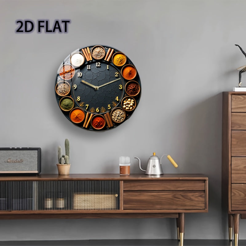 1pc 8-Inch Silent Round Wall Clock with Spice & Herb Design - Acrylic Quartz Movement, Golden Accents, Battery-Powered (AA Not Included) - Kitchen, Bedroom, Living Room, Kitchen Clock, Home Decoration, Decorative Timepiece, H