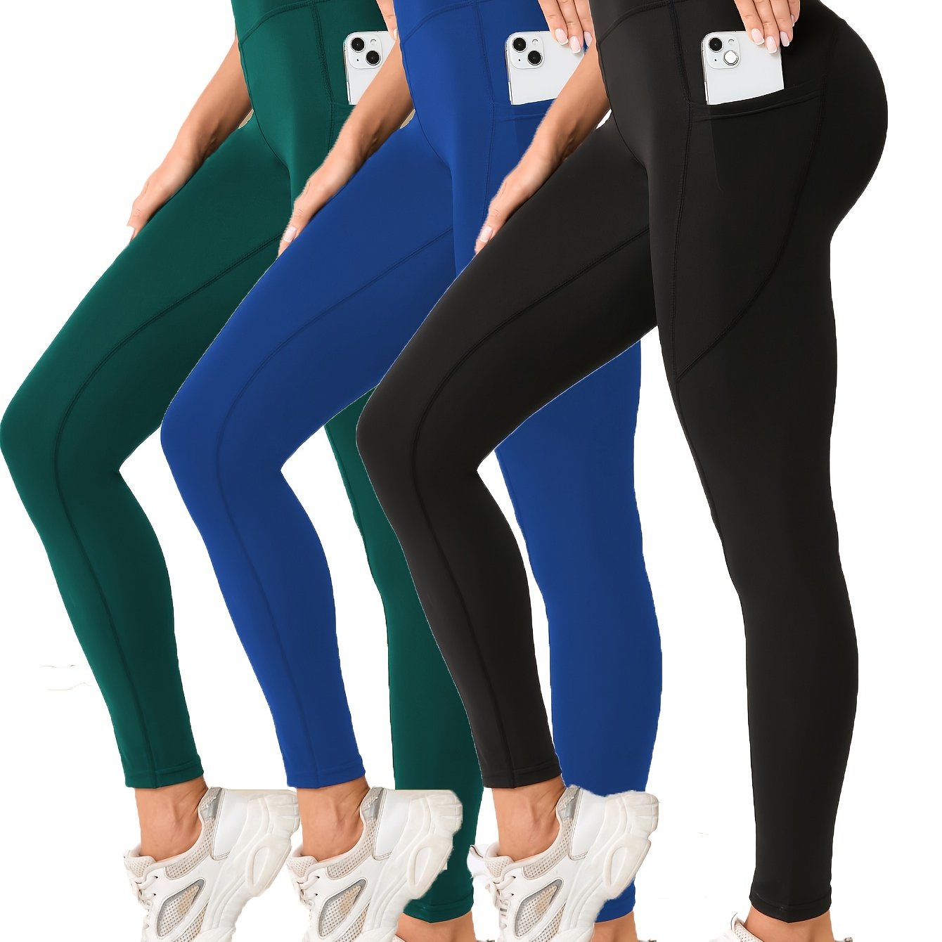 3pcs High-Waist Yoga Leggings with Pockets - Tummy Control, Slimming Effect, Stretchy & Breathable Fabric, Black/Brown/Gray, Perfect for Yoga & Casual Attire